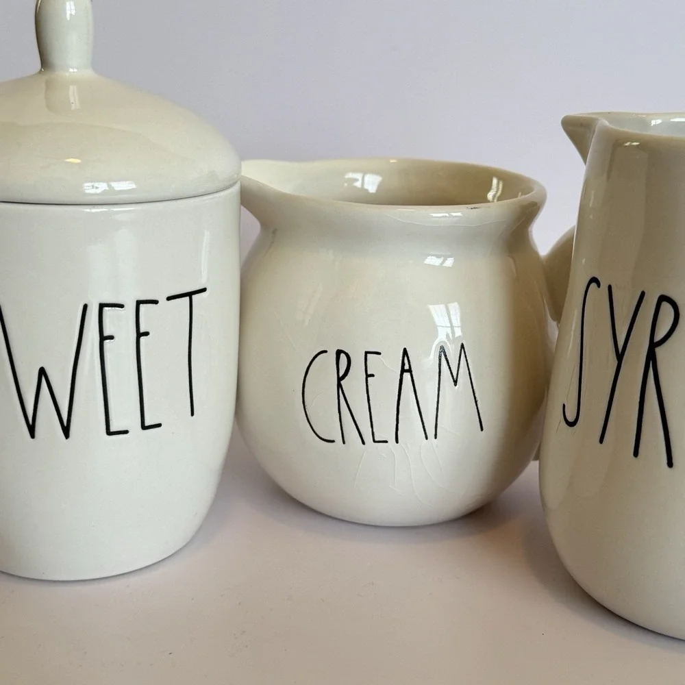 Rae Dunn SWEET CREAM SYRUP Coffee Bar Set Sugar Creamer Pitcher‎ Farmhouse Gift
